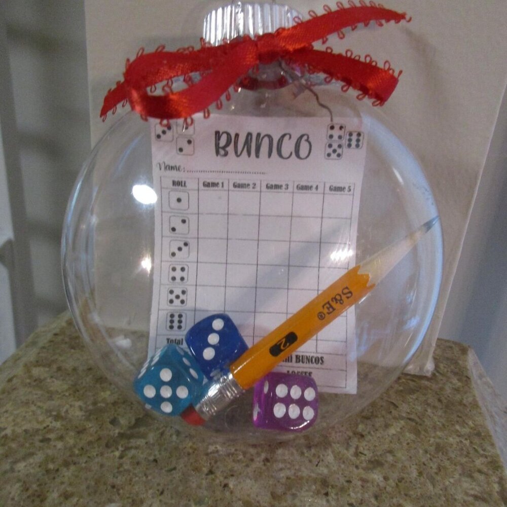Bunco Ornament with Dice and Ribbon